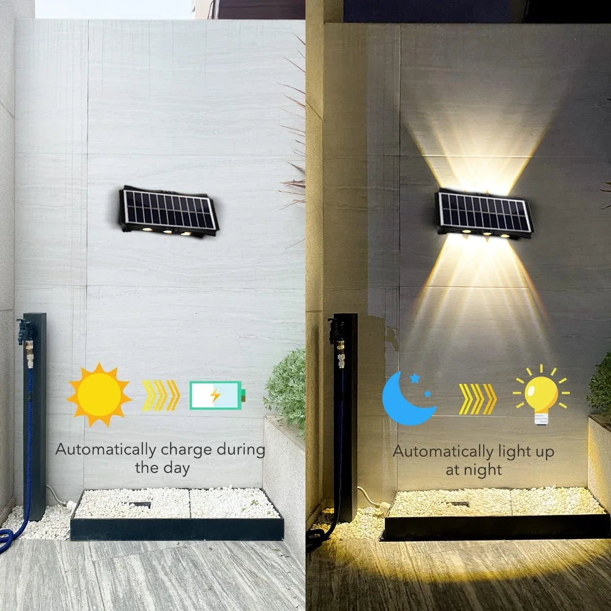 Lampe murale solaire étanche, lumière chaude haut et bas