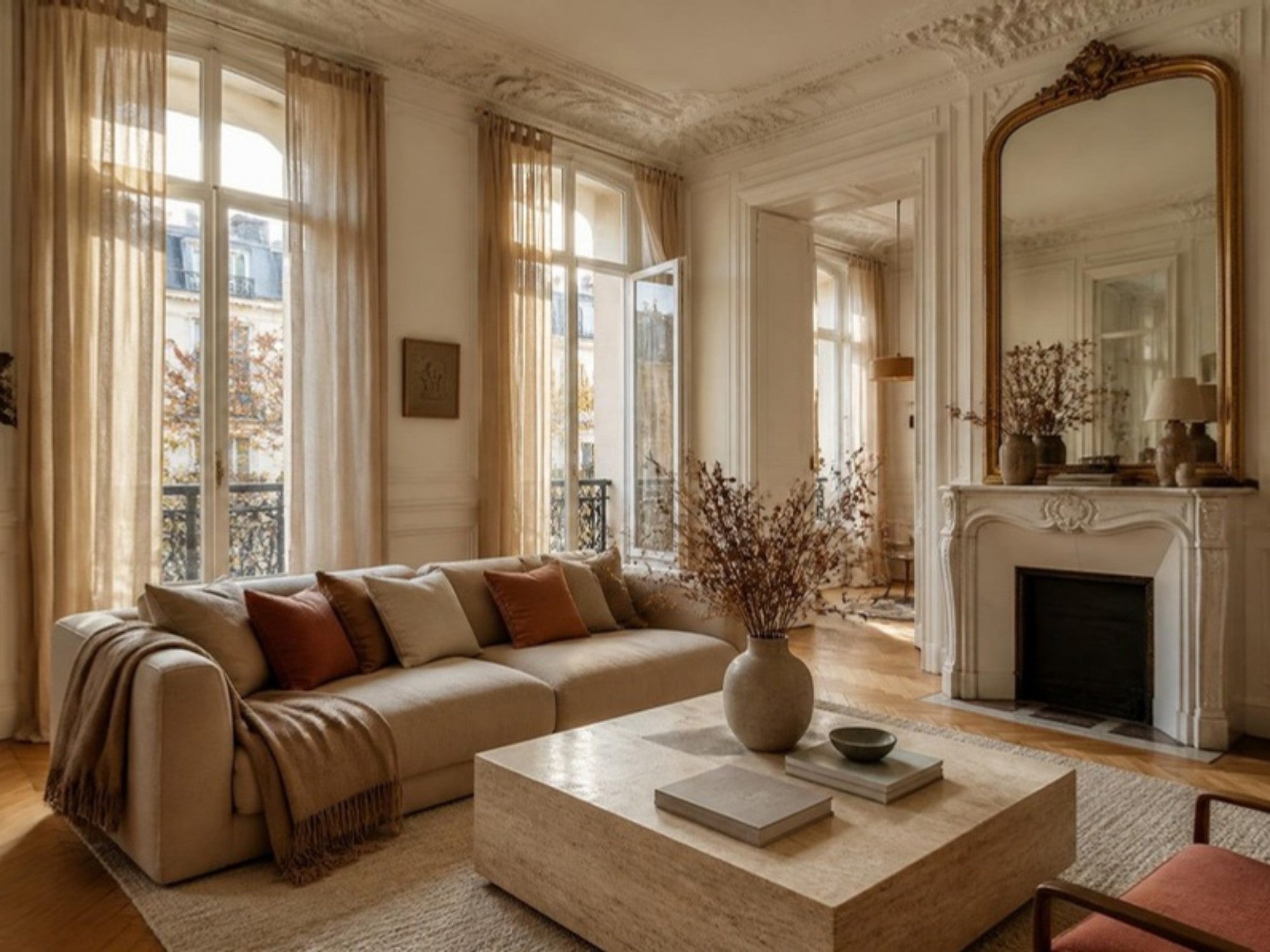 Salon haussmannien élégant avec canapé en velours crème, coussins et cheminée en marbre
